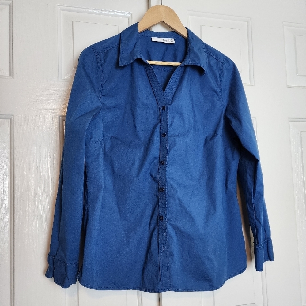 St. John's Bay Blue Pointed Collar Button Down Long Sleeve Women's Shirt Size XL